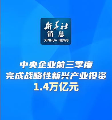今年前三季度，中央企業(yè)在戰(zhàn)略性新興產(chǎn)業(yè)領(lǐng)域累計(jì)完成投資1.4萬億元，同比增長17.6%